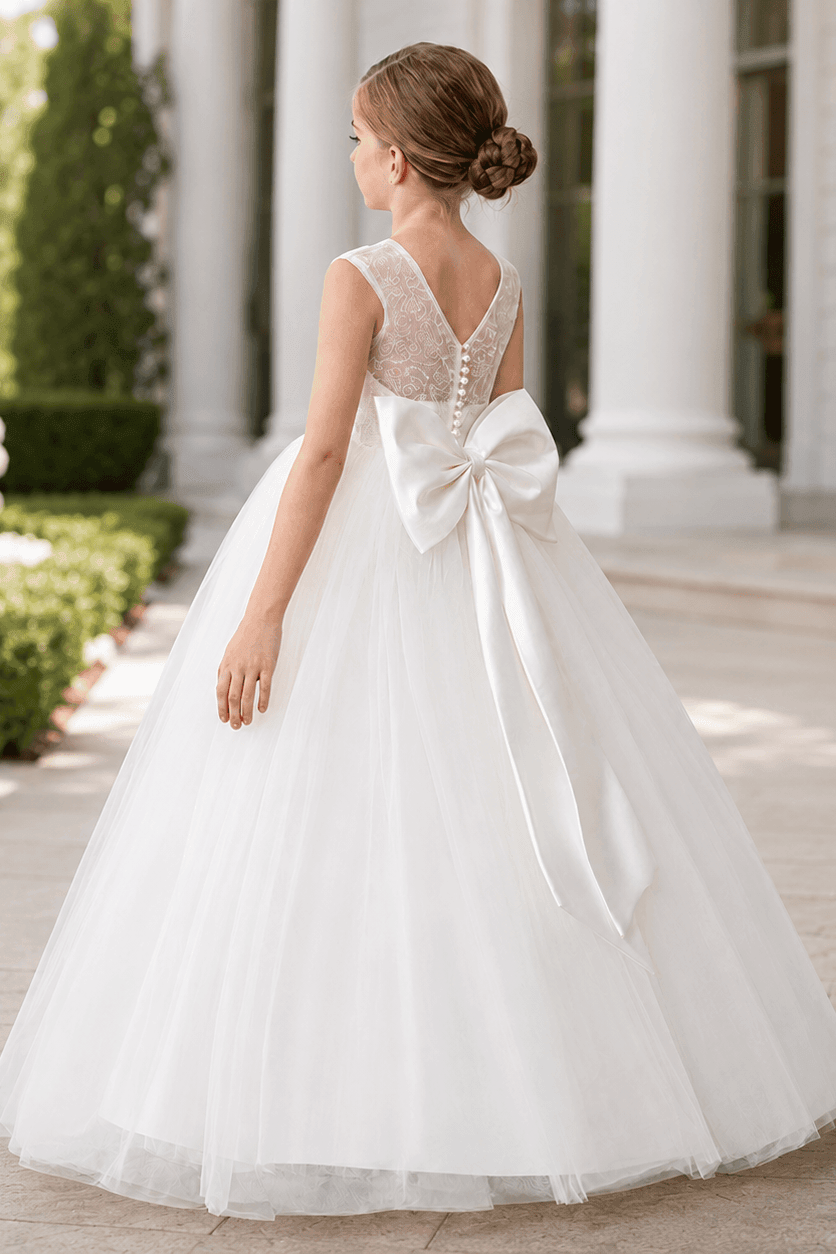 Elegant Lace Bodice Illusion Neckline Bow Back Tulle Flower Girl Dresses 901111463292 - 7 Days / Ivory / 130cm - COCOMELODY